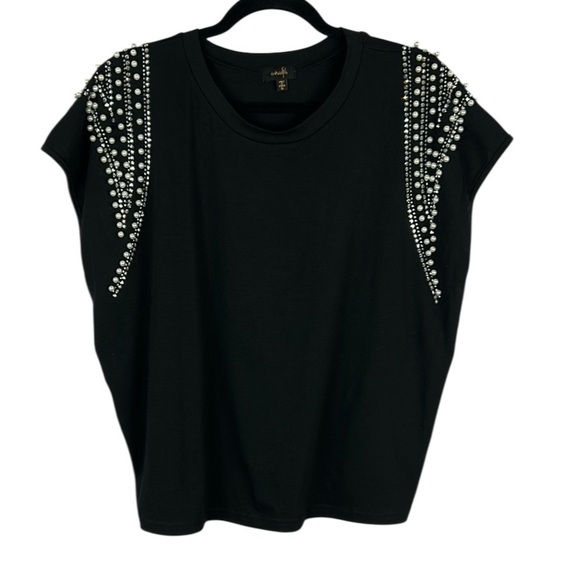 Ontwelfth Tops - Ontwelfth Classic Embellished Pearl Rhinestone Short Sleeve Top XL Black